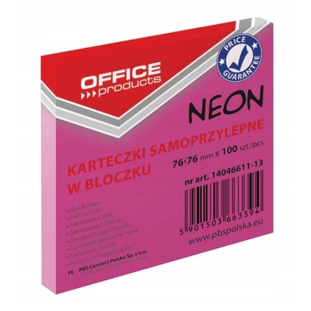 BLOCZEK SAMOPRZYLEPNY OFFICE PRODUCTS 76X76M NEON RÓŻOWY A100