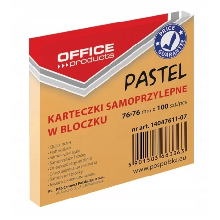 KARTECZKI SAMOPRZYLEPNE 76X76MM PASTEL POMARAŃCZOWY