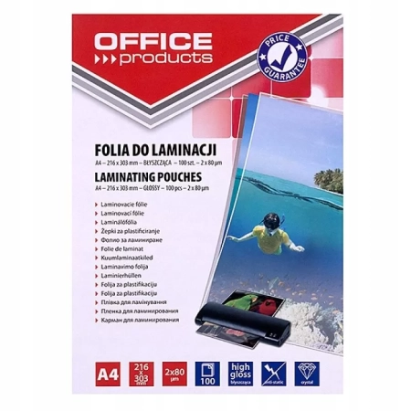 FOLIA DO LAMINOWANIA OFFICE PRODUCTS A4 2X80MIKR BŁYSZCZĄCA TRANSPARENTNA A100