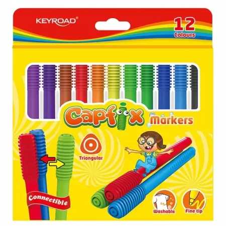 FLAMASTRY KEYROAD CAPFIX MARKERS TRÓJKĄTNE ZMYWALNE ŁĄCZONE 12SZT