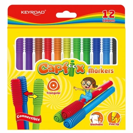 FLAMASTRY KEYROAD CAPFIX MARKERS TRÓJKĄTNE ZMYWALNE ŁĄCZONE 12SZT