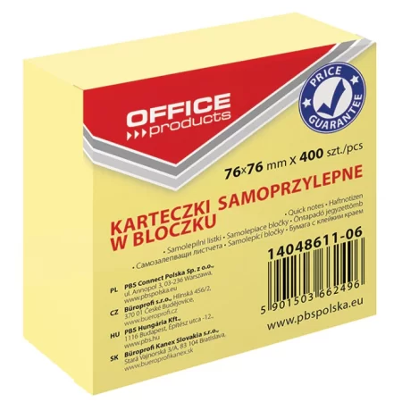 KOSTKA SAMOPRZYLEPNA OFFICE PRODUCTS 76X76MM PASTEL JASNOŻÓŁTY 400szt