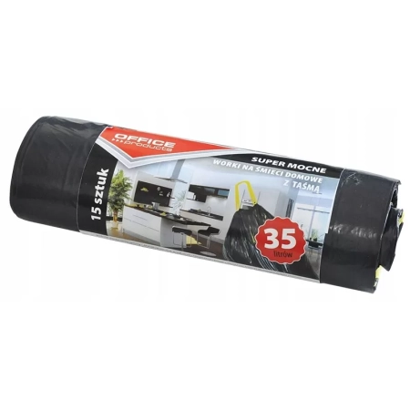 WORKI NA ŚMIECI DOMOWE Z TAŚMĄ OFFICE PRODUCTS SUPER MOCNE LDPE CZARNE 35L A15