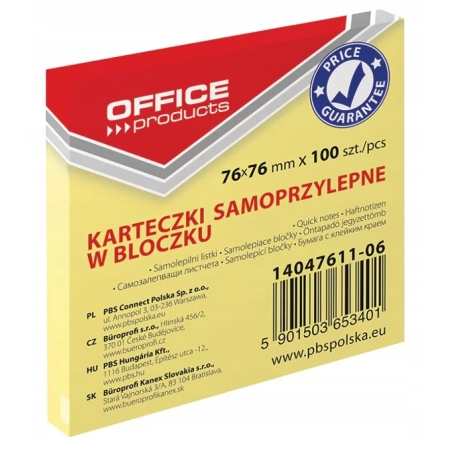 BLOCZEK SAMOPRZYLEPNY OFFICE PRODUCTS PASTEL JASNOŻÓŁTY 76X76MM A100