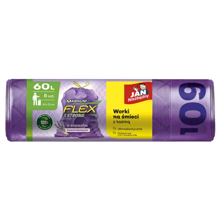 WORKI NA ŚMIECI JAN NIEZBĘDNY MAGNUM FLEX Z TAŚMĄ 60L 8SZT LAWENDOWE